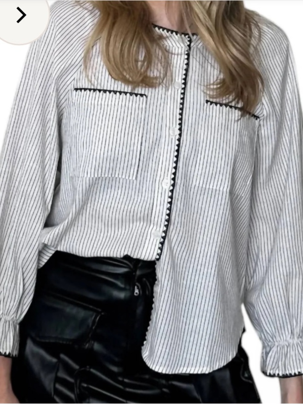 Day + Moon White Striped Button-Front Blouse with Black Trim size Small